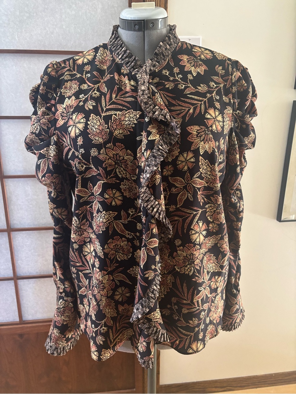 EUC Misa Los Angeles Garance Black, Brown and Tan Floral Ruffle-Trim Blouse US L